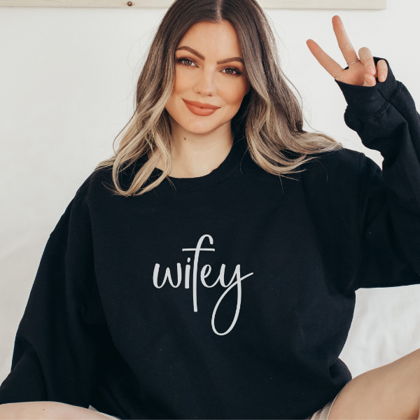 Wifey (Cali) sweatshirts   Celebrate your engagement or wedding with this cute wifey design.  Details • Classic Unisex fit • Sizes S - XL • 50% Cotton / 50% Polyester preshrunk fleece knit • 6 colours - Sand, White, Black, Grey, Pink, Navy