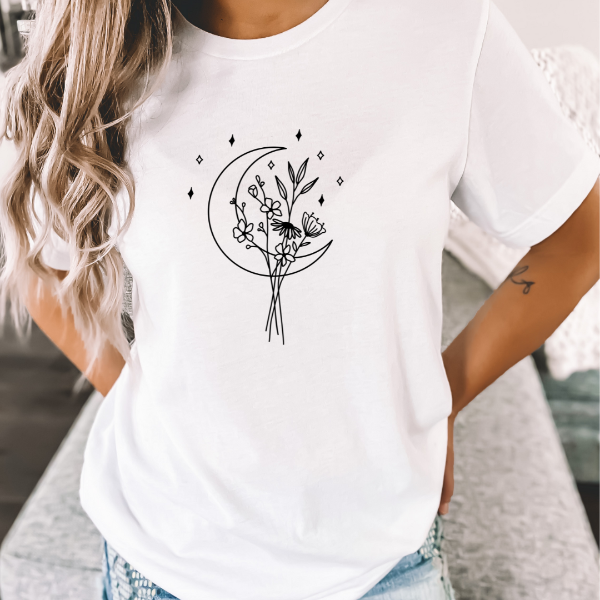 Wildflower Moon  Our Tees are soft & Comfortable to help you feel cozy and relaxed. They come in several colours and true to fit sizes. (Go up a size for a more oversized, relaxed fit)  Unisex T-shirts - suitable for men and women.  Colours available - White, Black, Indigo Blue, Military Green, Sand, Natural, Navy, Red, or Grey Tee