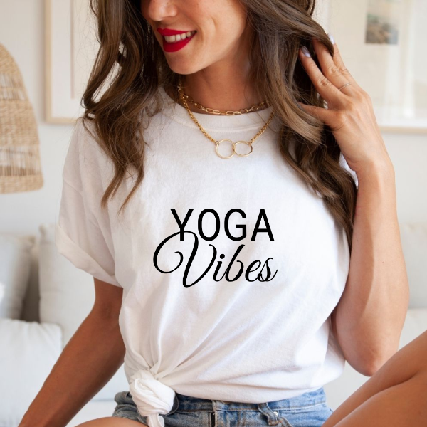 Yoga Vibes  This 'Yoga Vibes' T-shirt is a great tee for yoga class or everyday wear!  Our Tees are soft & Comfortable to help you feel cozy and relaxed. They come in several colours and true to fit sizes. (Go up a size for a more oversized, relaxed fit)  Unisex T-shirts - suitable for men and women.