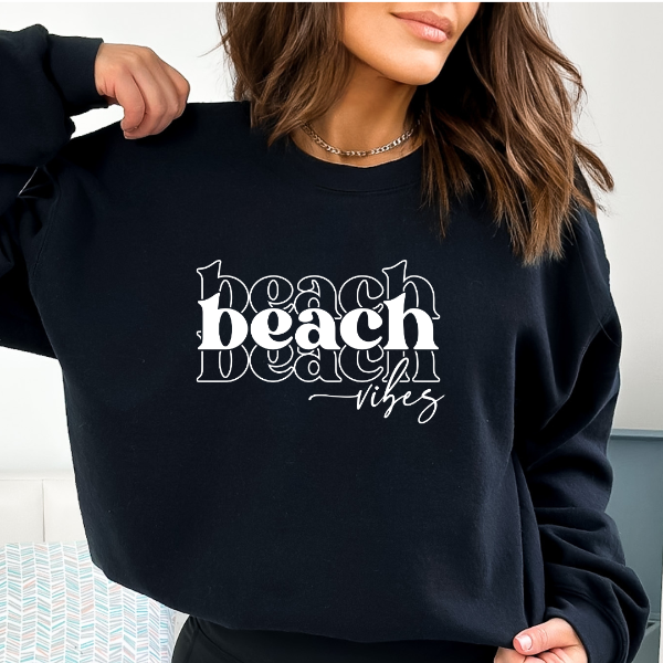 Beach Vibes   Design also available in T-shirts and Hoodies. Unisex sizing for relaxed fit.  6 colours - Sand, White, Black, Grey, Pink or Navy Crew neck sweatshirt  Details • Classic Unisex fit • Sizes S - XL • 50% Cotton / 50% Polyester preshrunk fleece knit • 6 colours - Sand, White, Black, Grey, Pink, Navy