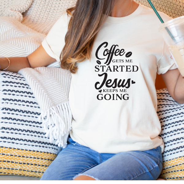 Coffee gets me started -jesus keeps me going T-shirt  Our Tees are soft & Comfortable to help you feel cozy and relaxed. They come in several colours and true to fit sizes. (Go up a size for a more oversized, relaxed fit)  Unisex T-shirts - suitable for men and women.  Colours available - White, Black, Indigo Blue, Military Green, Sand, Natural, Navy, Red, or Grey Tee