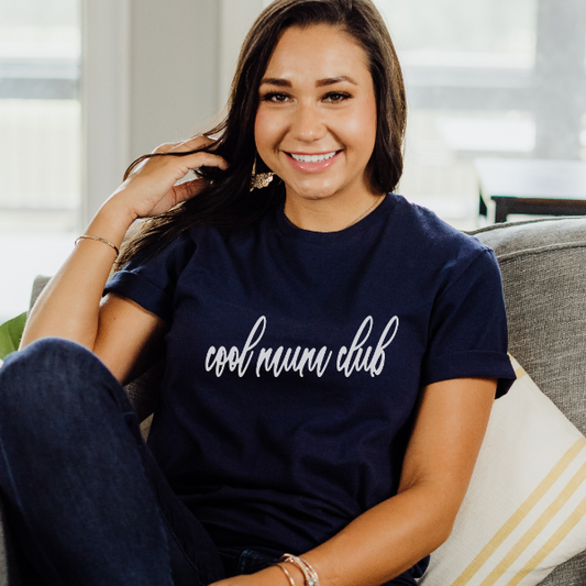 Cool mum club  Fun T Shirt with the phrase "Cool mum club" on it. A cool shirt for new mums or Mothers club!  Our Tees are soft & Comfortable to help you feel cozy and relaxed. They come in several colours and true to fit sizes. (Go up a size for a more oversized, relaxed fit)  Unisex T-shirts - suitable for men and women.  Colours available - White, Black, Indigo Blue, Military Green, Sand, Natural, Navy, Red, or Grey Tee
