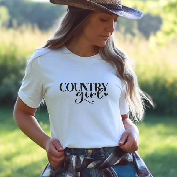Country Girl T-shirt  A great t-shirts with the phrase "Country Girl" on it.  Our Tees are soft & Comfortable to help you feel cozy and relaxed. They come in several colours and true to fit sizes. (Go up a size for a more oversized, relaxed fit)  Unisex T-shirts - suitable for men and women.  Colours available - White, Black, Indigo Blue, Military Green, Sand, Natural, Navy, Red, or Grey Tee
