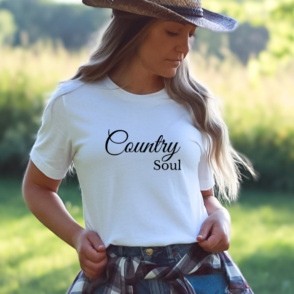 Country Soul T-shirt  A great good vibes t-shirts with the phrase "Country Soul" on it.  Our Tees are soft & Comfortable to help you feel cozy and relaxed. They come in several colours and true to fit sizes. (Go up a size for a more oversized, relaxed fit)  Unisex T-shirts - suitable for men and women.  Colours available - White, Black, Indigo Blue, Military Green, Sand, Natural, Navy, Red, or Grey Tee