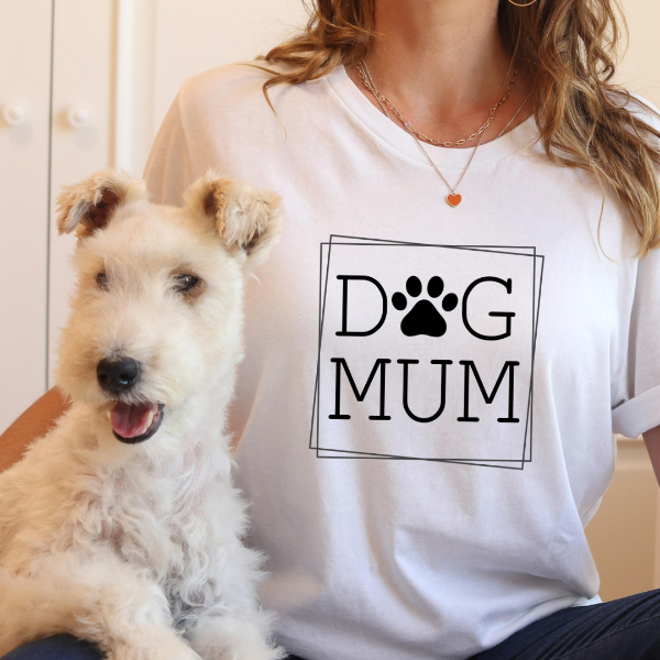 Dog Mum Framed  Our Tees are soft & Comfortable to help you feel cozy and relaxed. They come in several colours and true to fit sizes. (Go up a size for a more oversized, relaxed fit)  Unisex T-shirts - suitable for men and women.  Colours available - White, Black, Indigo Blue, Military Green, Sand, Natural, Navy, Red, or Grey Tee