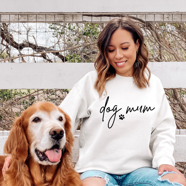 Dog mum paw sweatshirts  Perfect for the dog mama! Various colours and sizes. Design is available on T-shirt, sweatshirt and Hoodie  6 colours - Sand, White, Black, Grey, Pink or Navy 