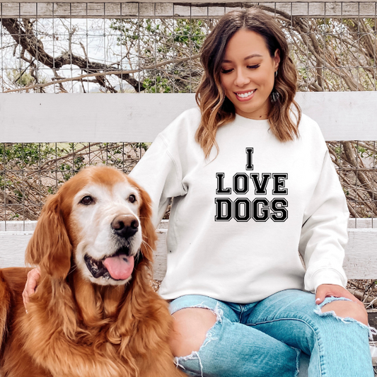 I love dogs sweatshirts  Design is available on T-shirt, sweatshirt and Hoodie  Unisex sizing for a relaxed fit. True to fit sizing. Size up for the oversized look.  6 colours - Sand, White, Black, Grey, Pink or Navy 