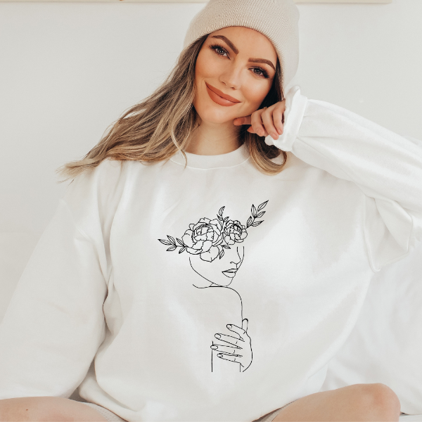 Wildflower lady Sweatshirt  Beautiful floral design in various colors and sizes to choose from, so you can find the perfect one for you! All garments are made from quality materials and are sure to keep you warm and comfortable.  6 colours avaialable - Sand, White, Black, Grey, Pink, Navy