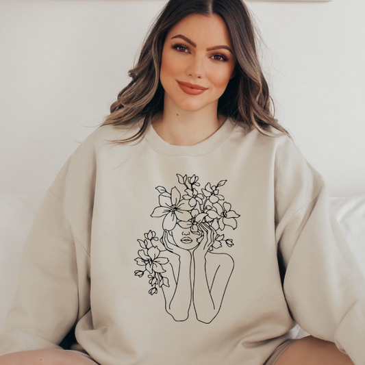 Floral lady Sweatshirt  A great sweatshirt with the design "Floral Lady" on it. Simple and elegant - a design to wear casually at home or going out!   6 colours - Sand, White, Black, Grey, Pink or Navy   Details • Classic Unisex fit • Sizes S - XL • 50% Cotton / 50% Polyester preshrunk fleece knit • 6 colours - Sand, White, Black, Grey, Pink, Navy