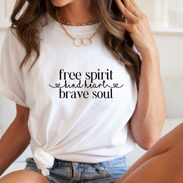 Free Spirit Kind Heart Brave Soul  Love this free spirited Tee!  Our Tees are soft & Comfortable to help you feel cozy and relaxed. They come in several colours and true to fit sizes. (Go up a size for a more oversized, relaxed fit)  Unisex T-shirts - suitable for men and women.  Colours available - White, Black, Indigo Blue, Military Green, Sand, Natural, Navy, Red, or Grey Tee
