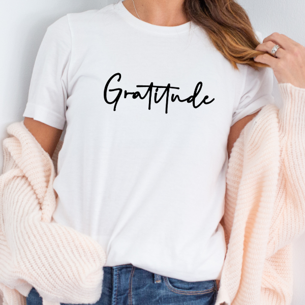 Gratitude T-shirt (Bold)  Our Tees are soft & Comfortable to help you feel cozy and relaxed. They come in several colours and true to fit sizes. (Go up a size for a more oversized, relaxed fit)  Unisex T-shirts - suitable for men and women.  Colours available - White, Black, Indigo Blue, Military Green, Sand, Natural, Navy, Red, or Grey Tee
