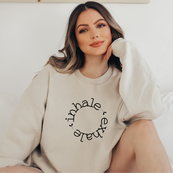 Inhale exhale sweatshirts  What a reminder in this busy time - 'inhale exhale'!  Warm and cozy sweatshirts. True to fit sizing. (Size up for the oversized look). Unisex  sizing so suitable for men and women.  6 colours - Sand, White, Black, Grey, Pink or Navy 