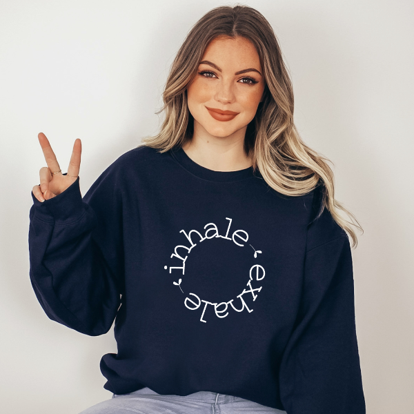 Inhale exhale sweatshirts  What a reminder in this busy time - 'inhale exhale'!  Warm and cozy sweatshirts. True to fit sizing. (Size up for the oversized look). Unisex  sizing so suitable for men and women.  6 colours - Sand, White, Black, Grey, Pink or Navy 