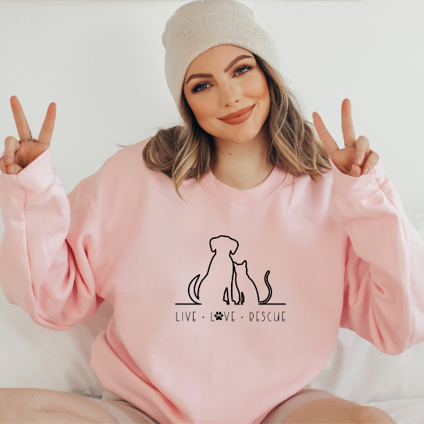 Live Love rescue sweatshirts  Our Rescue Dogs design is "Live love Rescue" printed across the chest. A great gift for any pet lover and can help spread awareness of the importance of rescuing animals.   Unisex sweatshirt in 6 colours - Sand, White, Black, Grey, Pink or Navy