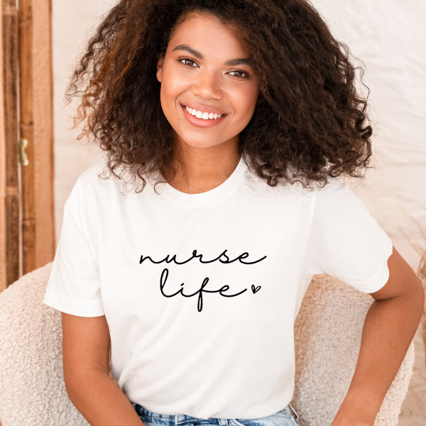 Nurse Life  A great t-shirts with the phrase "Nurse Life" on it. Great shirt for our wonderful Nurses!  Our Tees are soft & Comfortable to help you feel cozy and relaxed. They come in several colours and true to fit sizes.