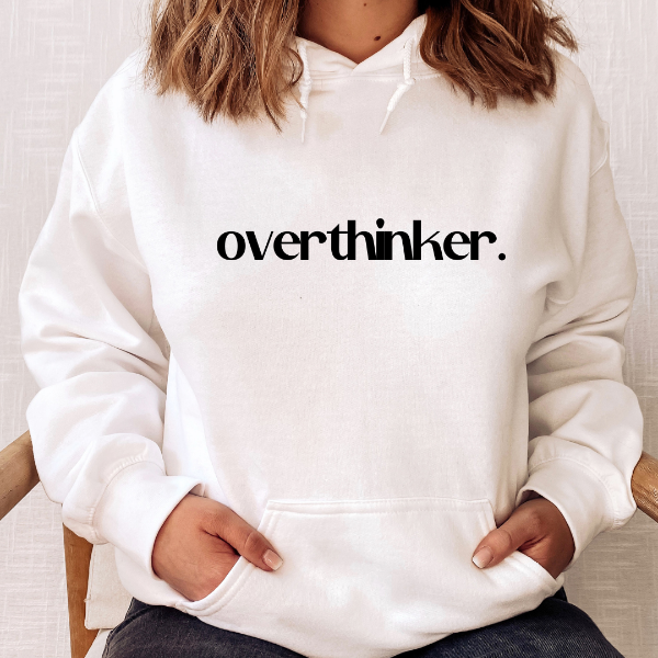 Overthinker Hoodie (L) Are you an overthinker?  Our hoodies are soft & Comfortable to help you feel cozy and relaxed. They come in several colours and true to fit sizes. (Go up a size for a more oversized, relaxed fit)  Unisex Hoodie - suitable for men and women.  This design is also available on Tees and sweatshirts.