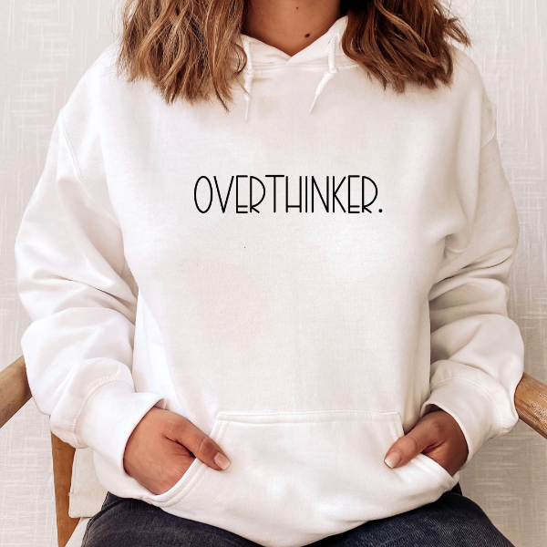Overthinker Hoodie (SH)  Are you an overthinker? Great cozy, comfy hoodie in various colours and sizes. Unisex tue to fit sizing that is suitable for men and women. Relaxed fit - size up if you like the oversized look.  This design is also available on a Tee or Sweatshirt.