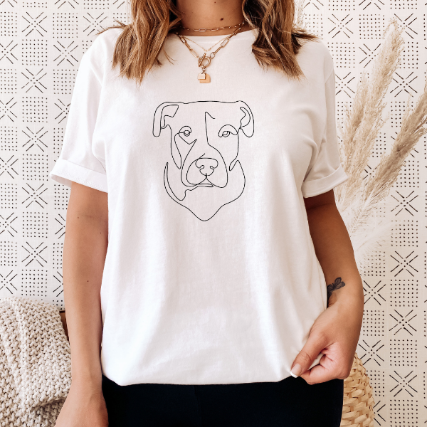 Staffy Dog sketch T-shirt  Our Tees are soft & Comfortable to help you feel cozy and relaxed. They come in several colours and true to fit sizes. (Go up a size for a more oversized, relaxed fit)  Unisex T-shirts - suitable for men and women.